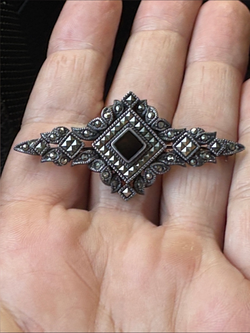Art Deco Sterling Silver and Black Marcasite Bar Brooch